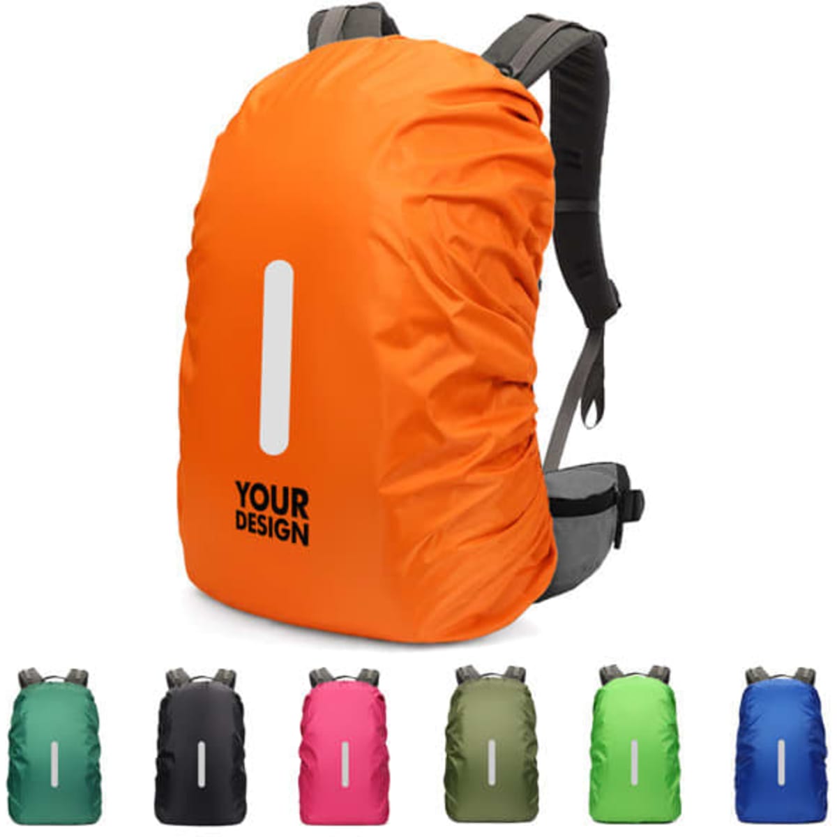 An orange backpack rain cover featuring a reflective strip, with assorted colour options displayed below.