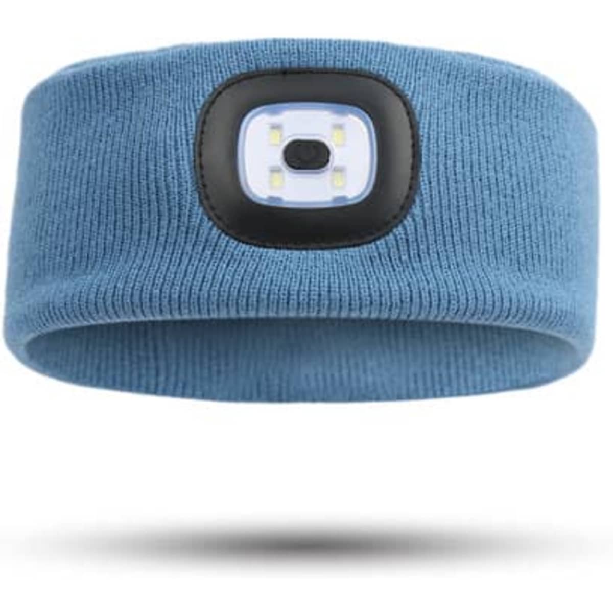 A blue sports knit headband featuring a front light and a logo.