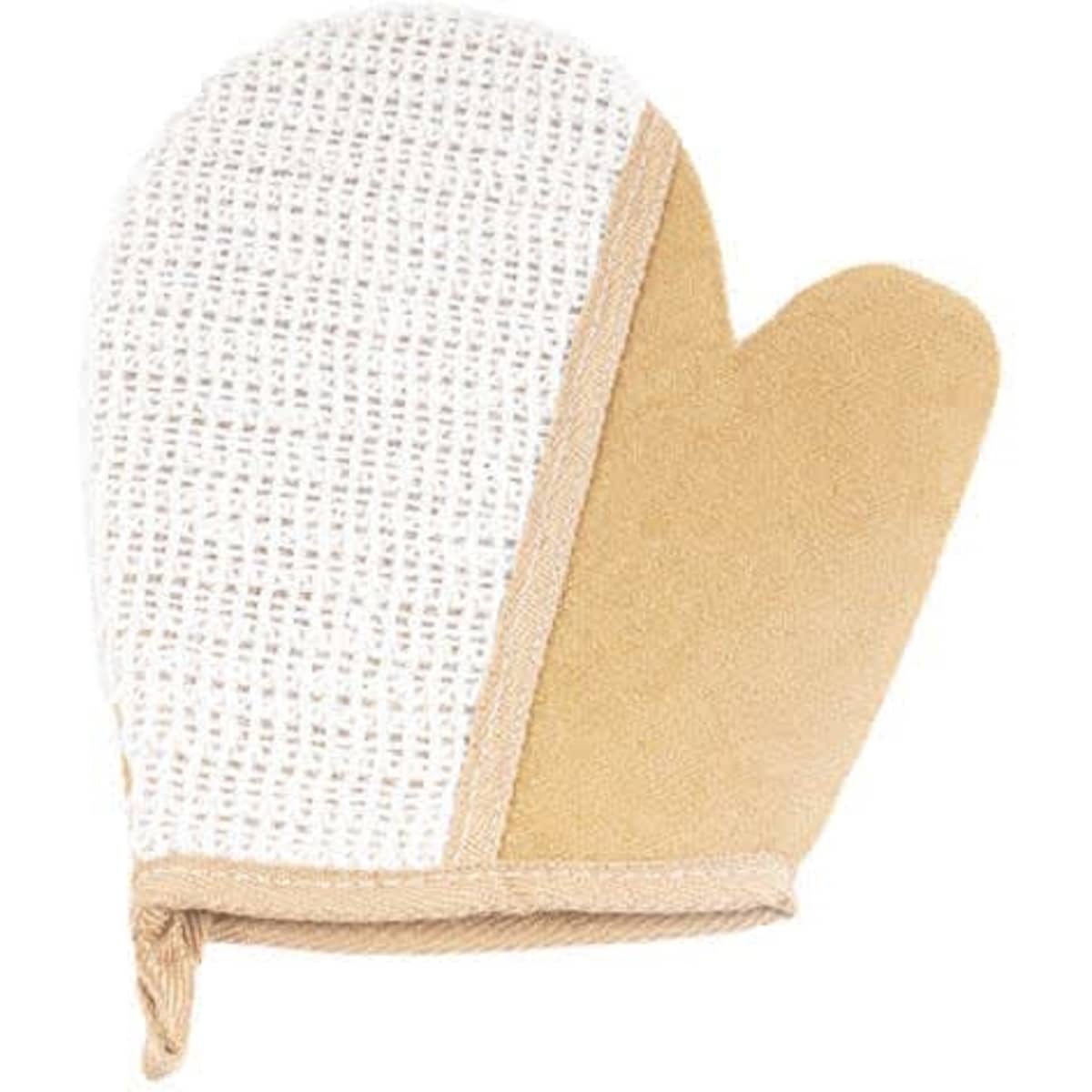 A deep cleaning bath glove featuring a white sisal face and a tan underside, designed for personal care.