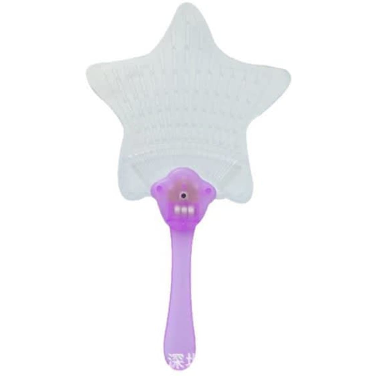 A LED light-up flashing flat hand fan in a star shape with a purple handle. It features a cute animal design on the handle.