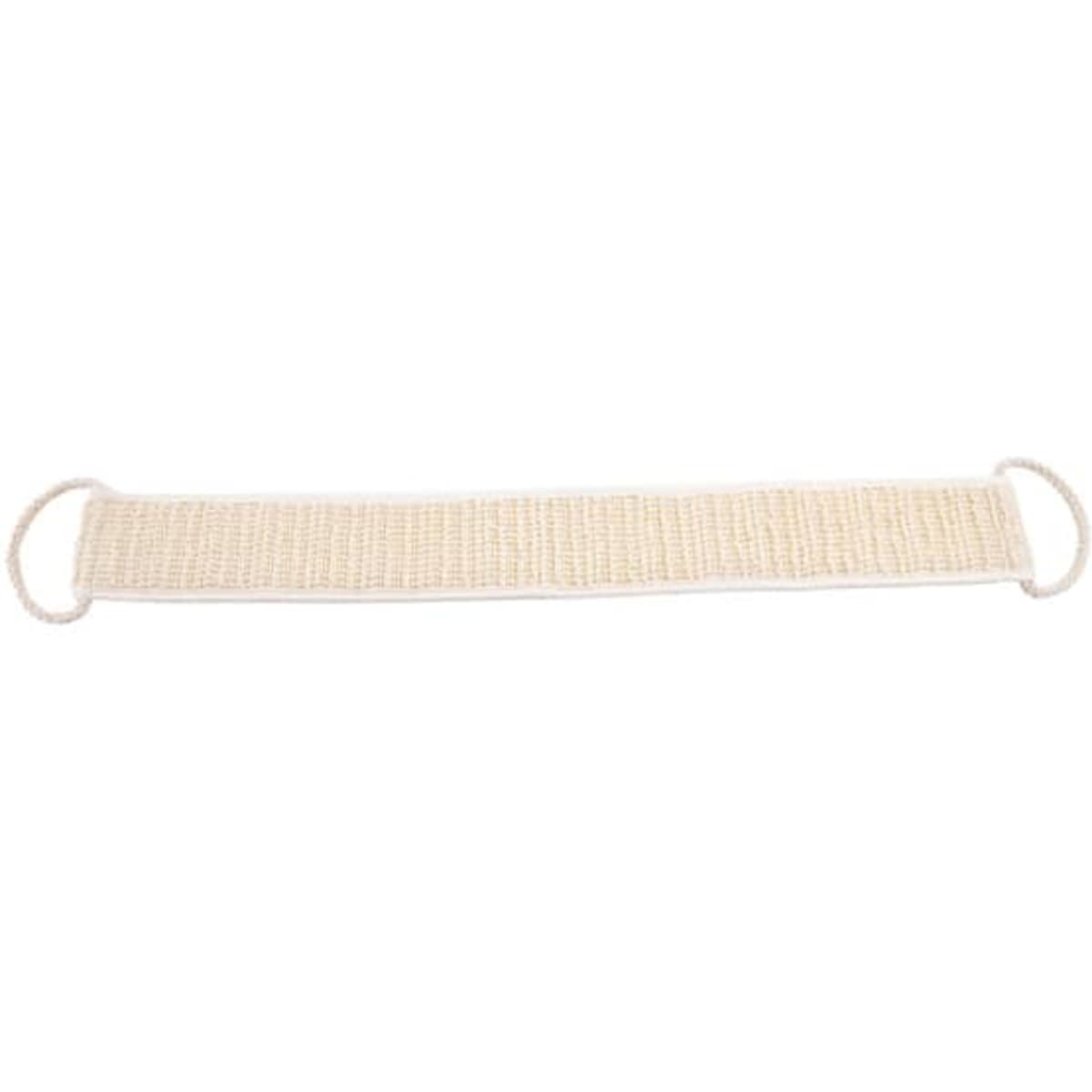 An exfoliating back scrubber in a light beige colour with loops at each end for grip. Features a textured surface.
