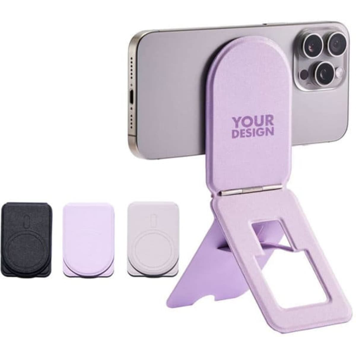 A purple magnetic leather holder stand phone tripod next to black, light purple, and grey versions. Features a branding logo.