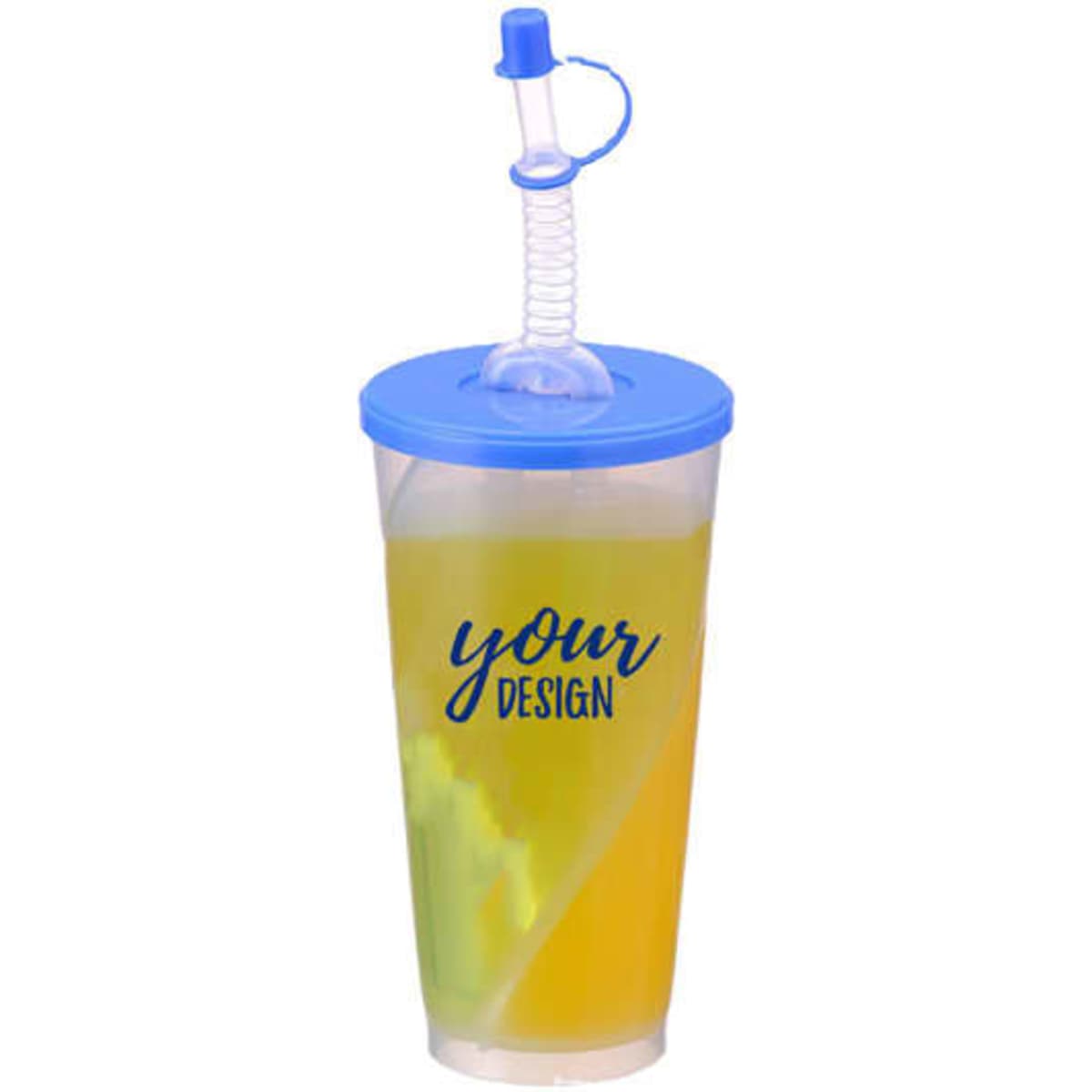 A drink bottle with a transparent body, blue lid, and straw, featuring a design area for customisation.