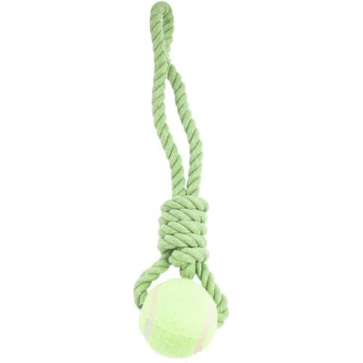 A green rope toy featuring a tennis ball attached to a twisted rope for playful fun.