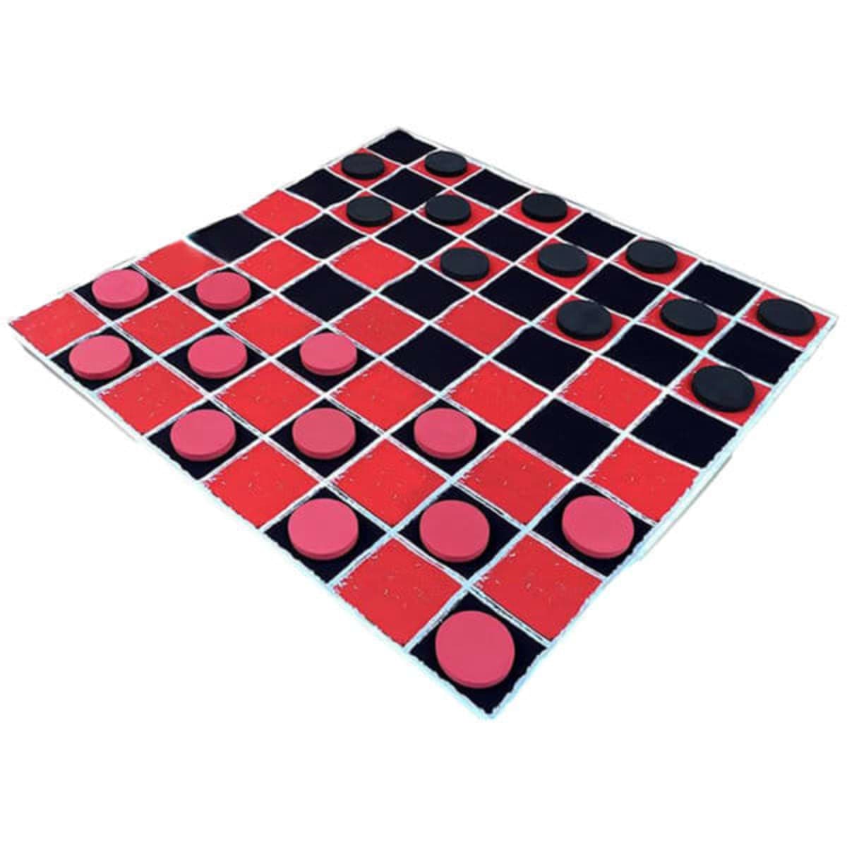 A large checkers board with red and black squares, featuring pink and black round pieces. It has a logo in one corner.