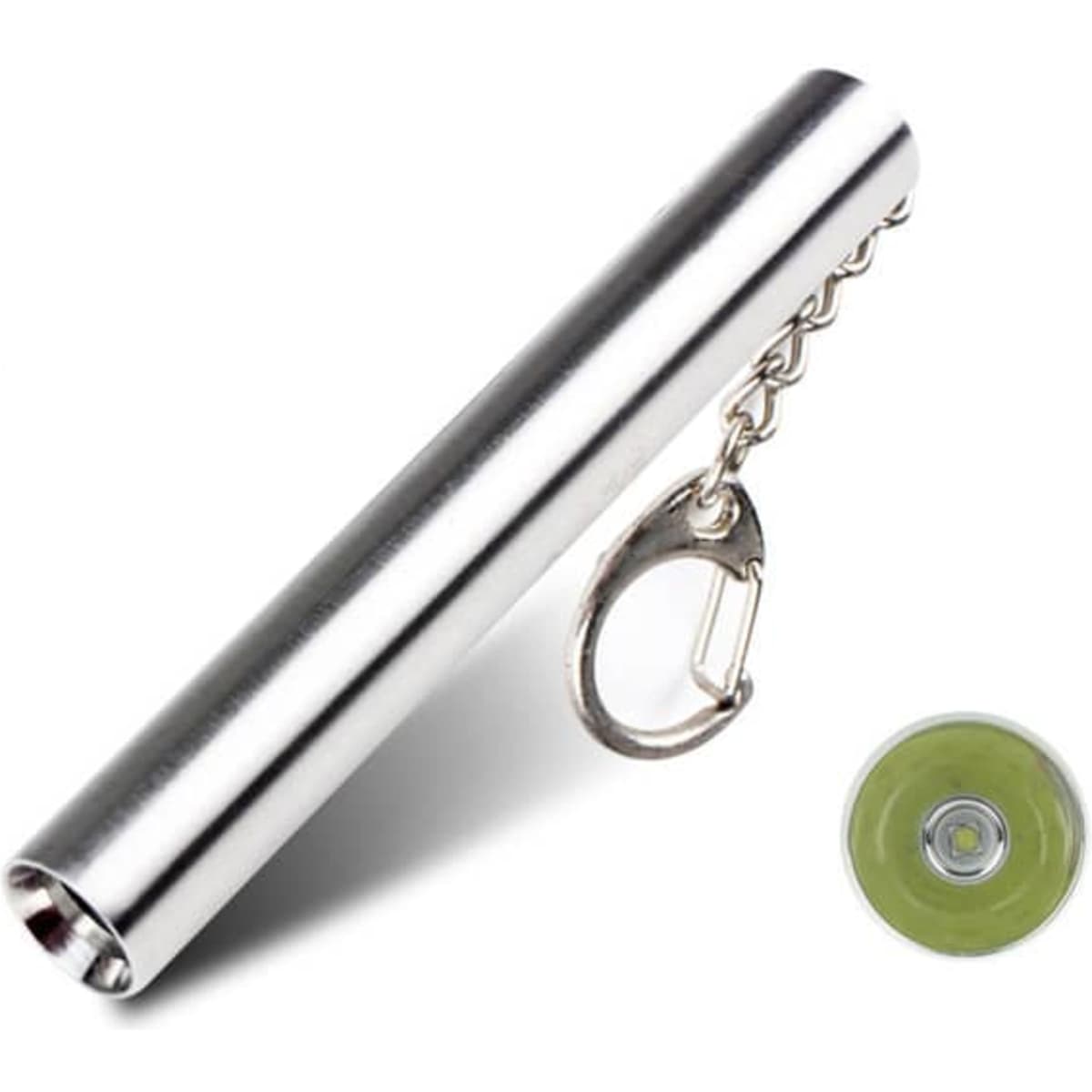 A silver mini portable keychain flashlight with a keyring attached next to a circular light source.