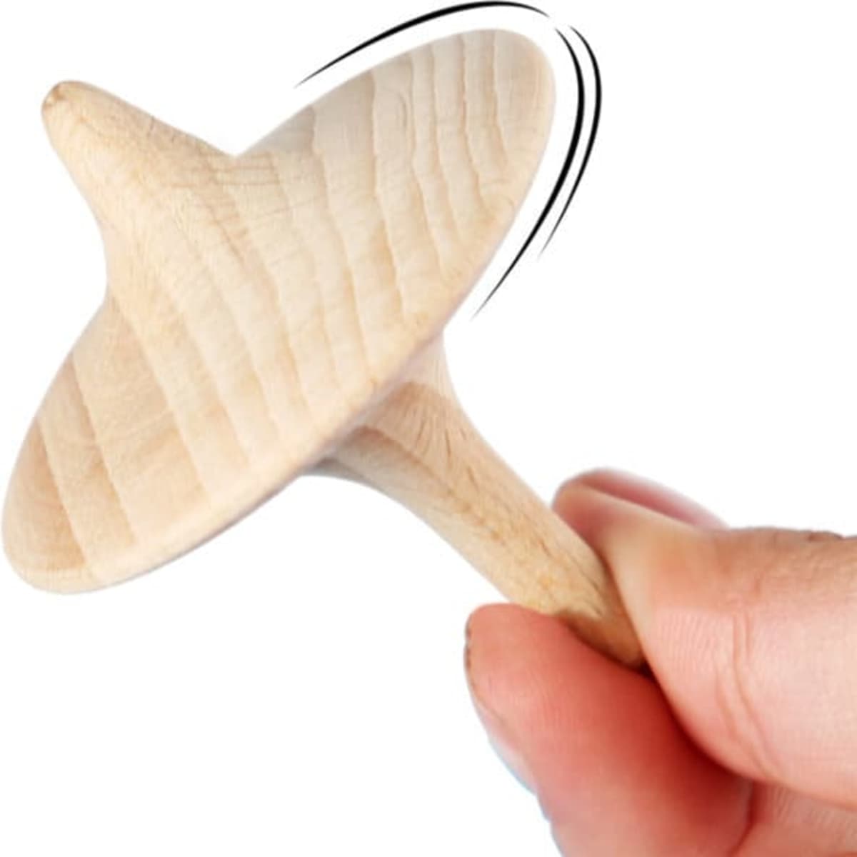 A solid beech spinning top held in a hand, showcasing its natural wood finish and smooth design.