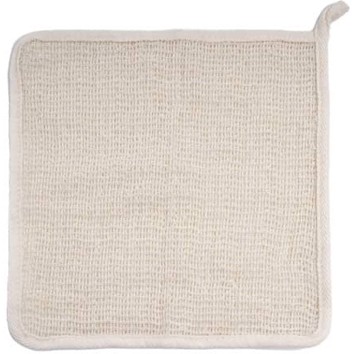 A sisal exfoliating washing cloth in beige, featuring a textured surface and a hanging loop.