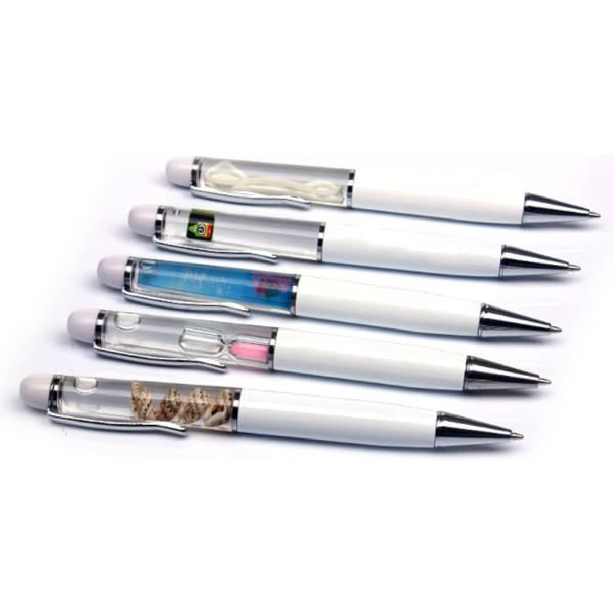A set of five white movable liquid oil slide pens with clear sections displaying various colourful liquids. Each pen has a clip and chrome accents.