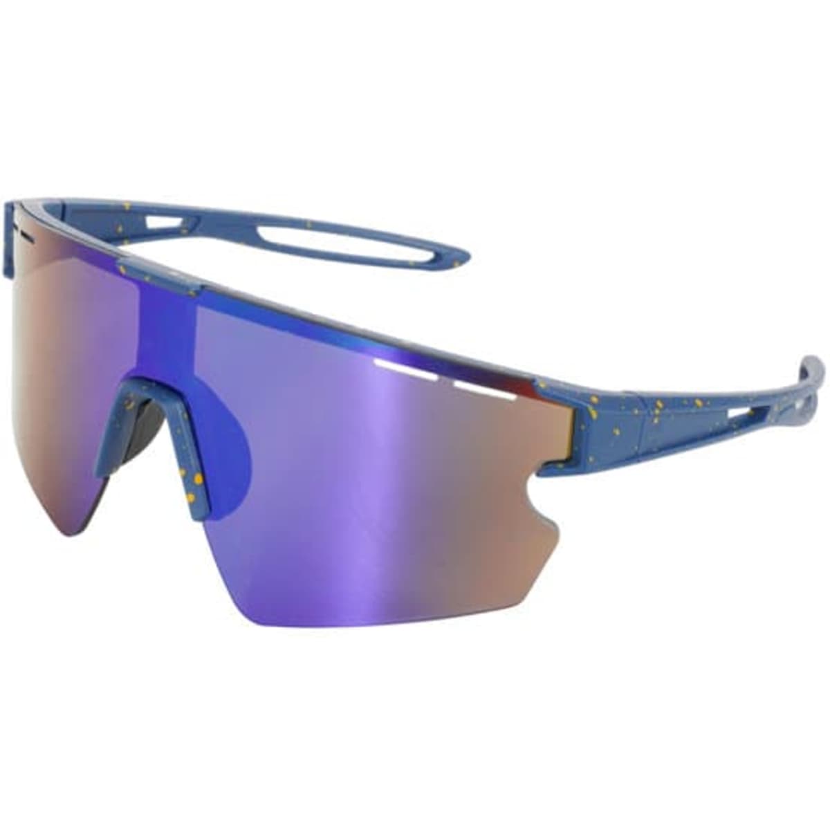 Bold blue sunglasses with a mirrored purple lens and a sporty design, featuring a logo on the side.