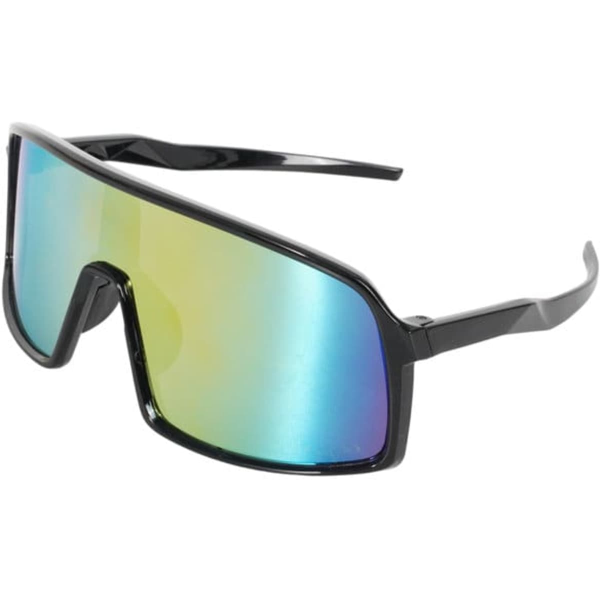 A pair of black Polarized Shield sunglasses with reflective, multi-coloured lenses and a modern design.