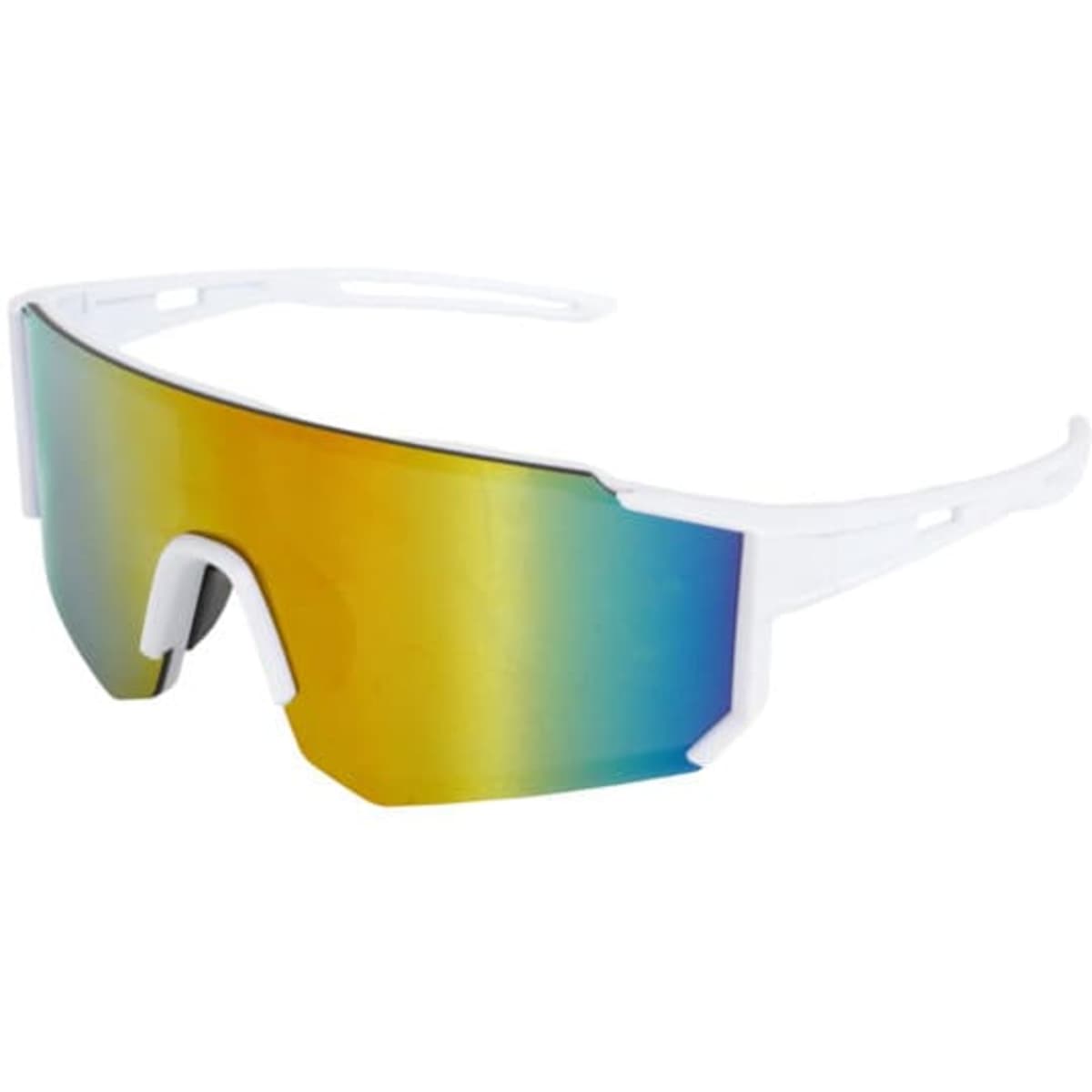 Polarized cycling sunglasses in white with a reflective, multi-coloured lens. Features a modern design and a logo.