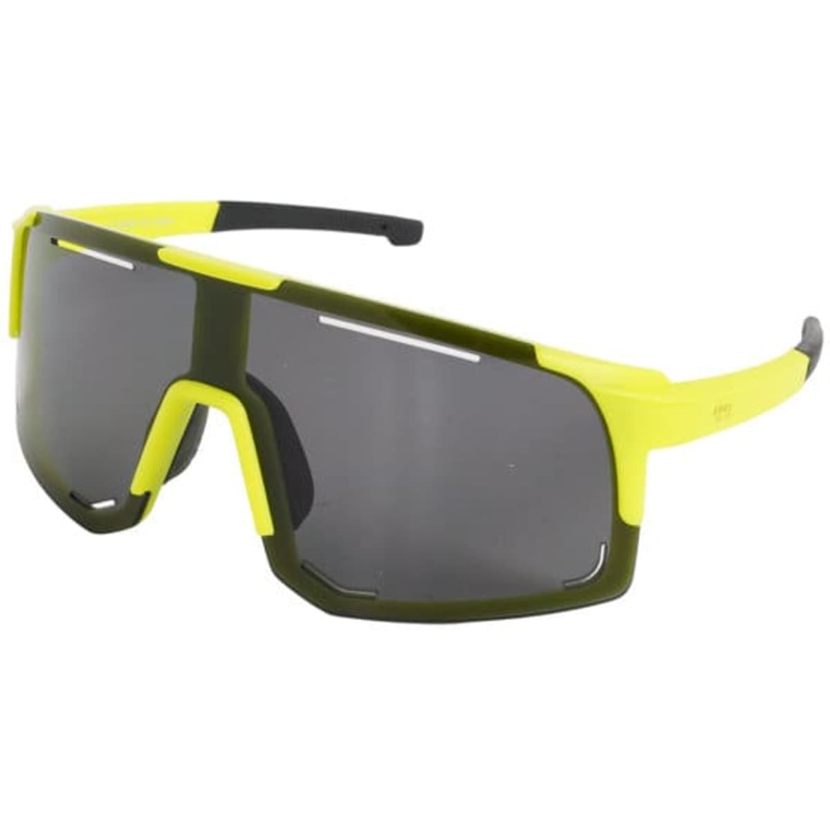 Large frame sports polarized glasses in green and vibrant yellow with dark tinted lenses, featuring a logo.