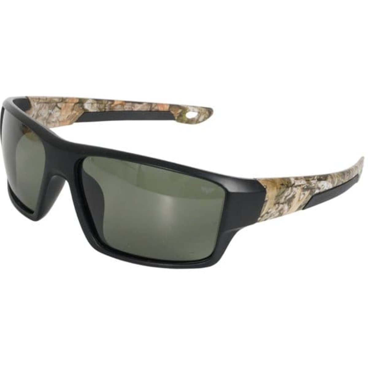 Polarised sunglasses with a black frame and camouflage-patterned arms, designed for motorcycle riding.