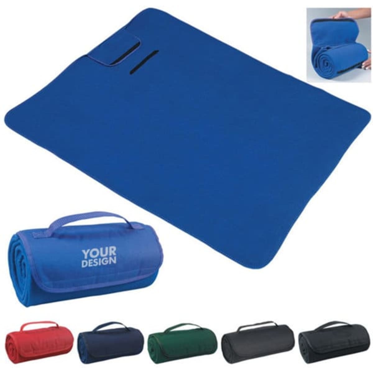 A blue roll-up picnic blanket with a carrying handle, available in multiple colours, featuring space for custom designs.