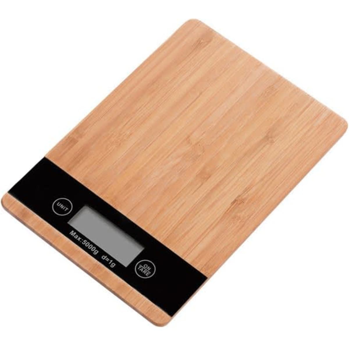 A bamboo kitchen scale with a sleek digital display and a black base. The surface is smooth and natural in colour.