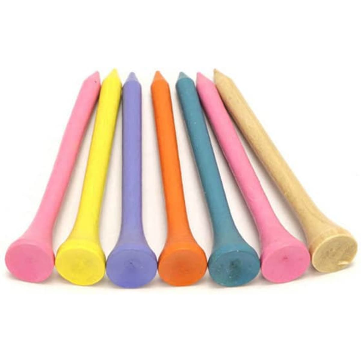 A set of biodegradable bamboo golf tees in yellow, purple, pink, orange, blue, and natural wood. Contains a logo.