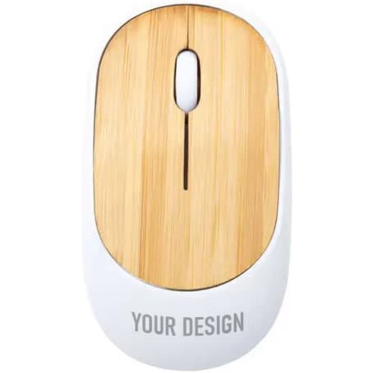 A bamboo wireless mouse with a white underside, featuring a smooth, natural bamboo surface.