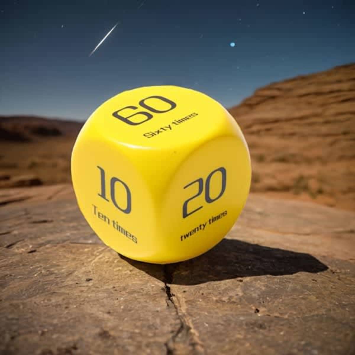 A large yellow stress relief PU die with numbers and letters on its faces, set against a rocky landscape.