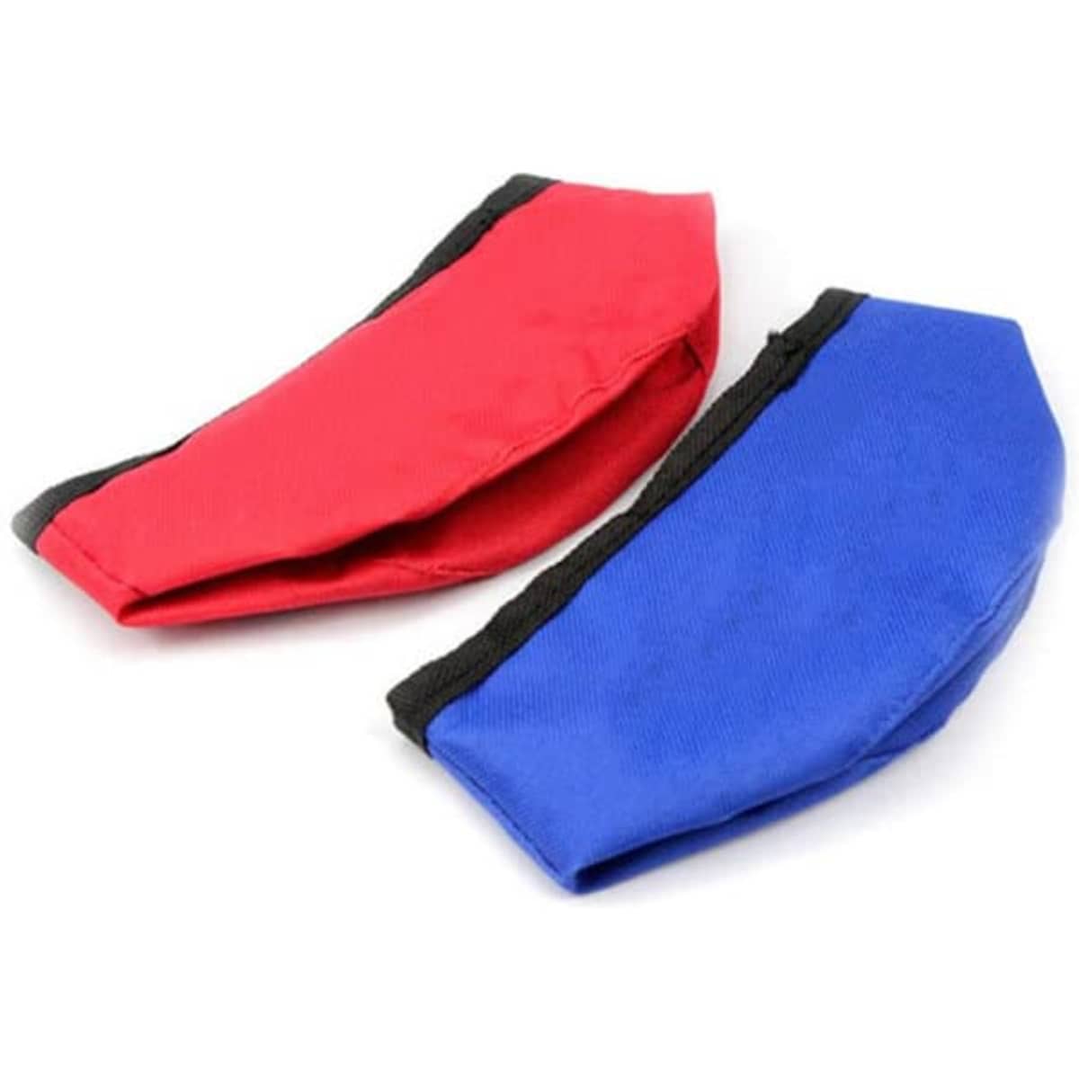 Two fabric dog treat pouches in red and blue, featuring a black trim and an attached logo.