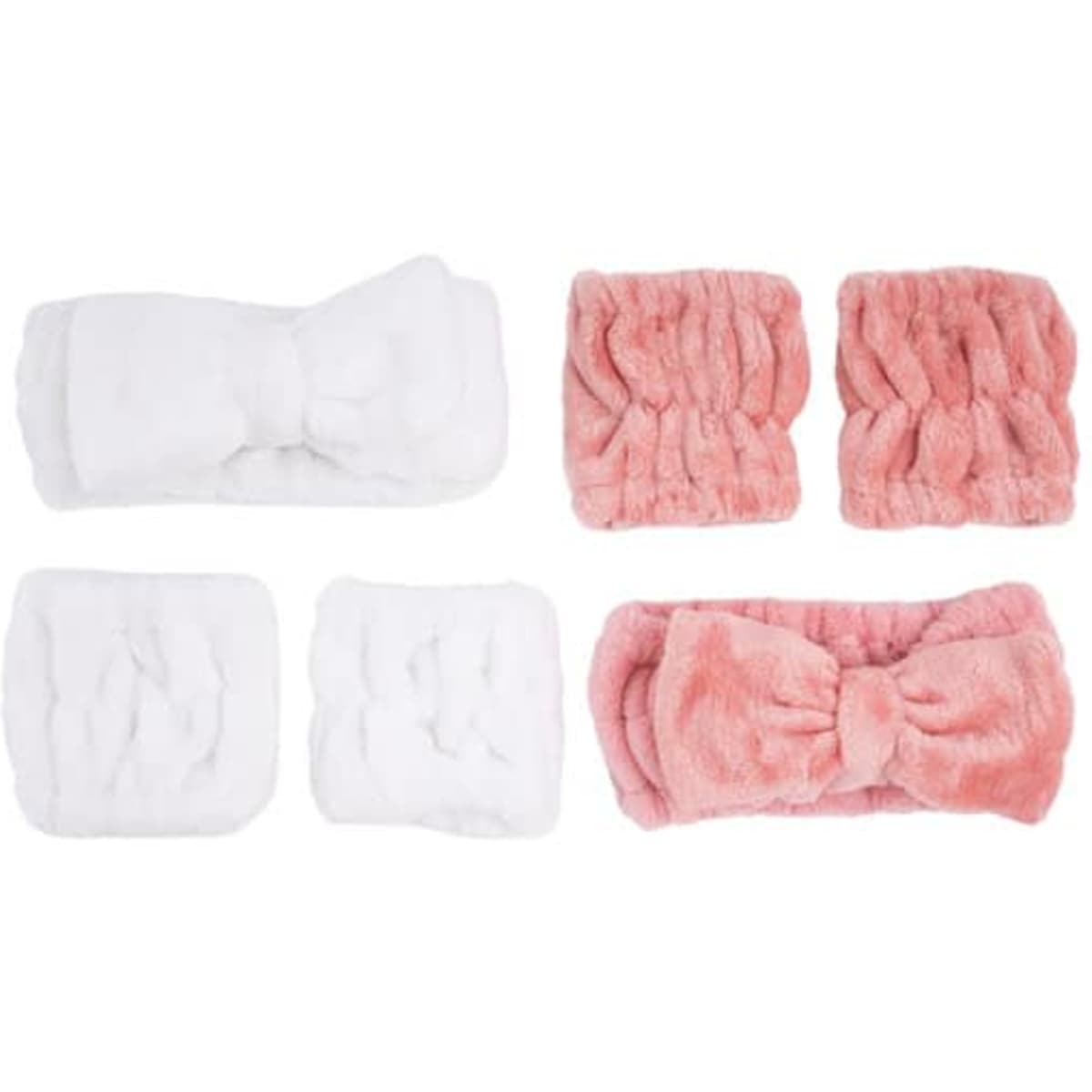 A spa headband and wrist washband set in white and pink, featuring a bow design and plush texture.