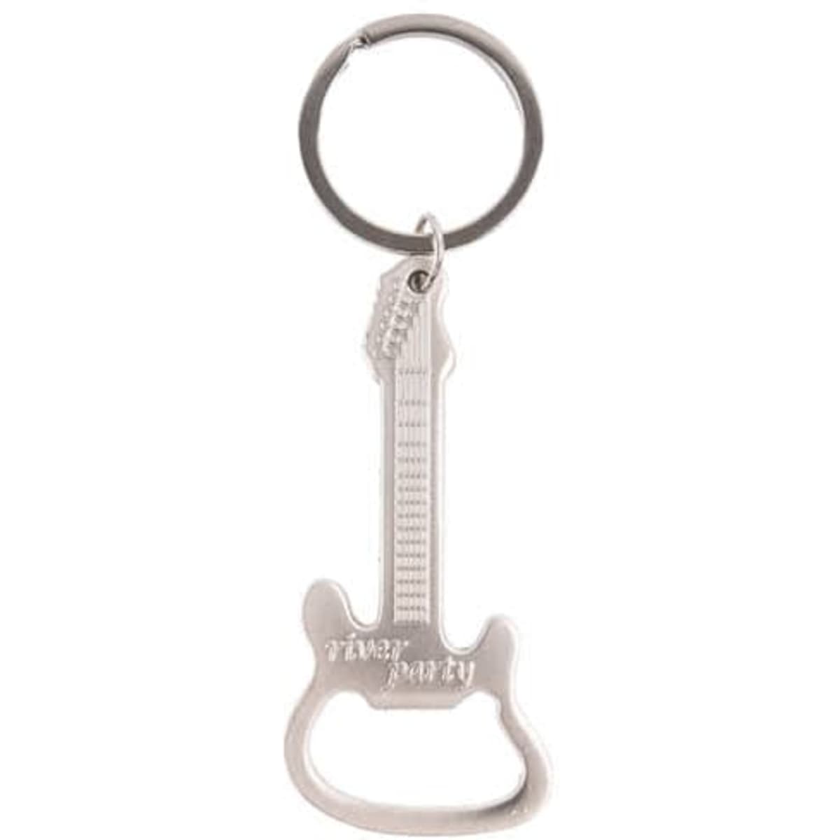 A drink bottle opener designed like a guitar, featuring a silver finish and attached to a keyring.