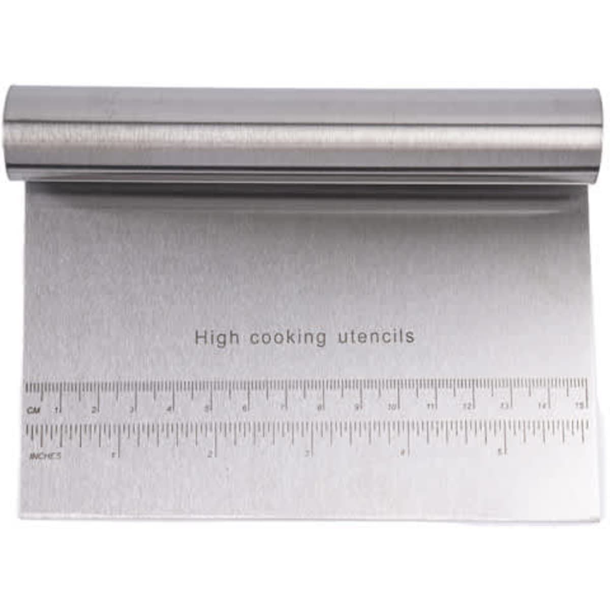 A stainless steel dough scraper with a measuring scale, featuring a curved handle and a smooth scraping surface.