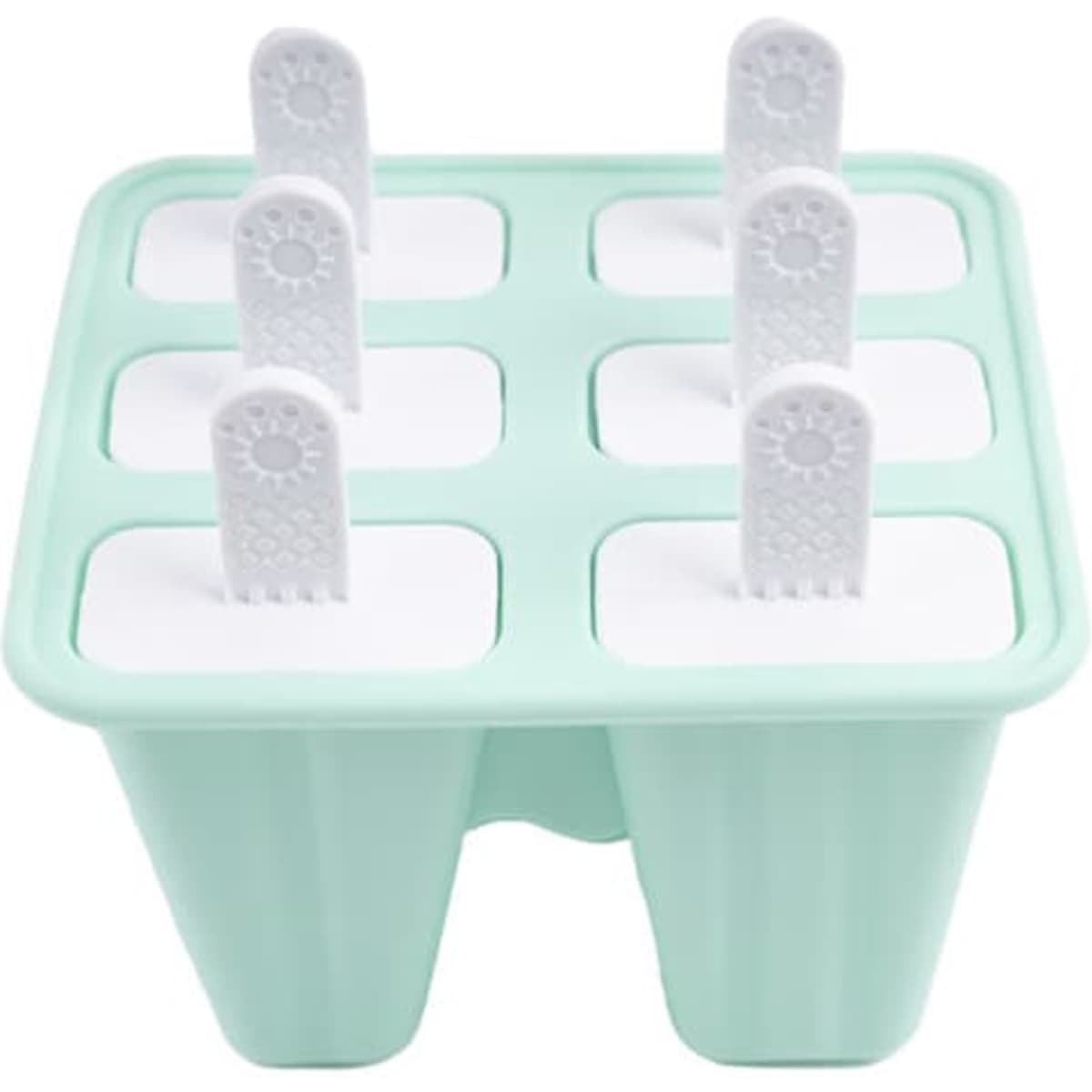 A mint green popsicle mould with six white, textured handles for easy gripping. It has a simple, functional design.