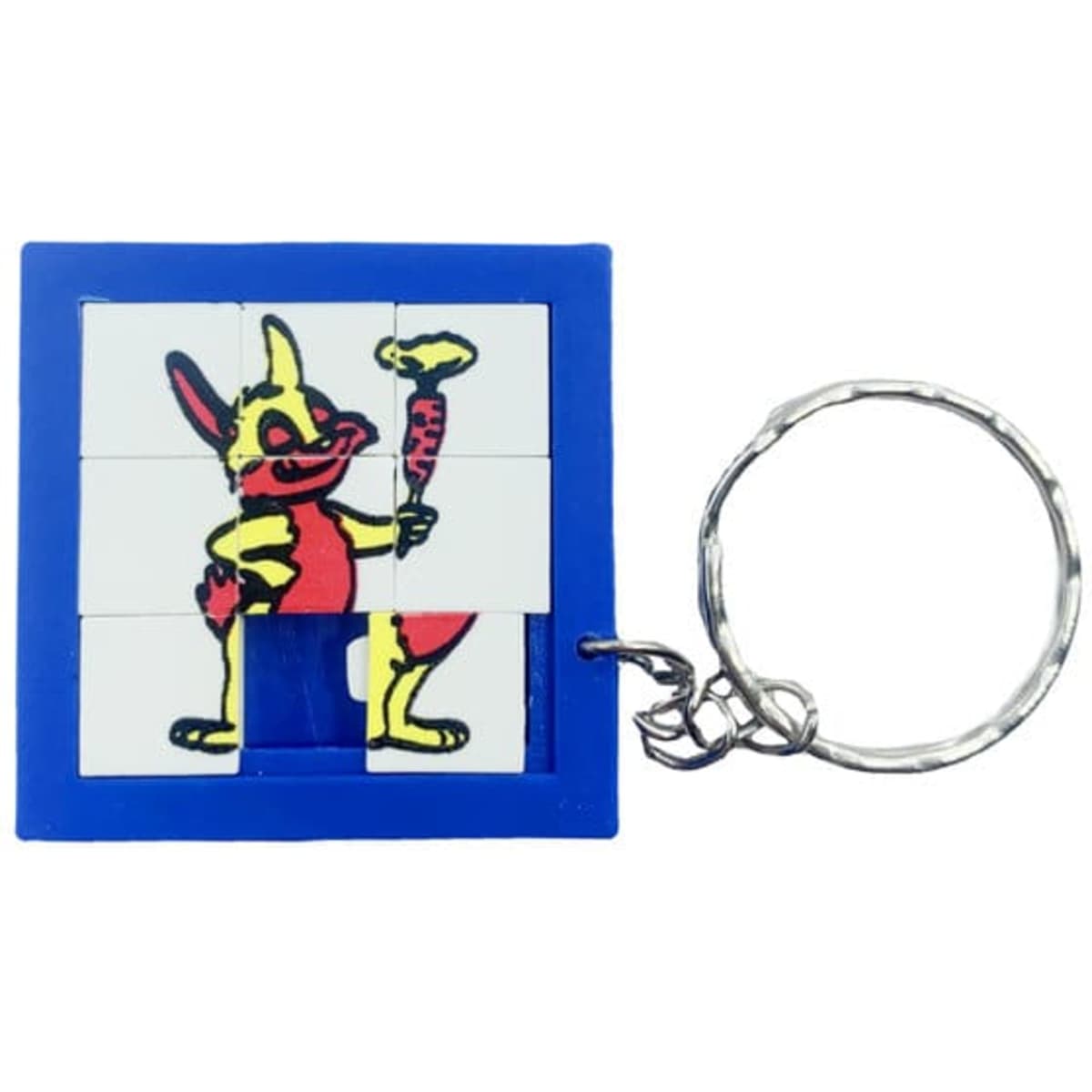 A blue plastic slide puzzle keychain featuring a cartoon character with a yellow and red design.