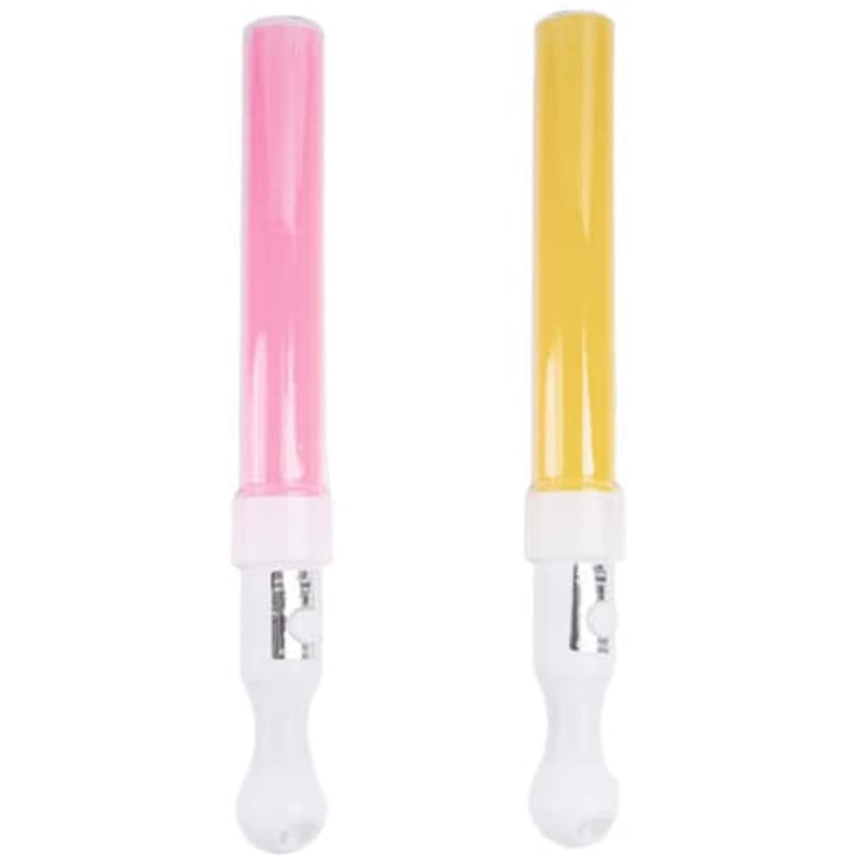 A handheld LED light wand with pink and yellow tubes, featuring white end caps and a toggle switch.