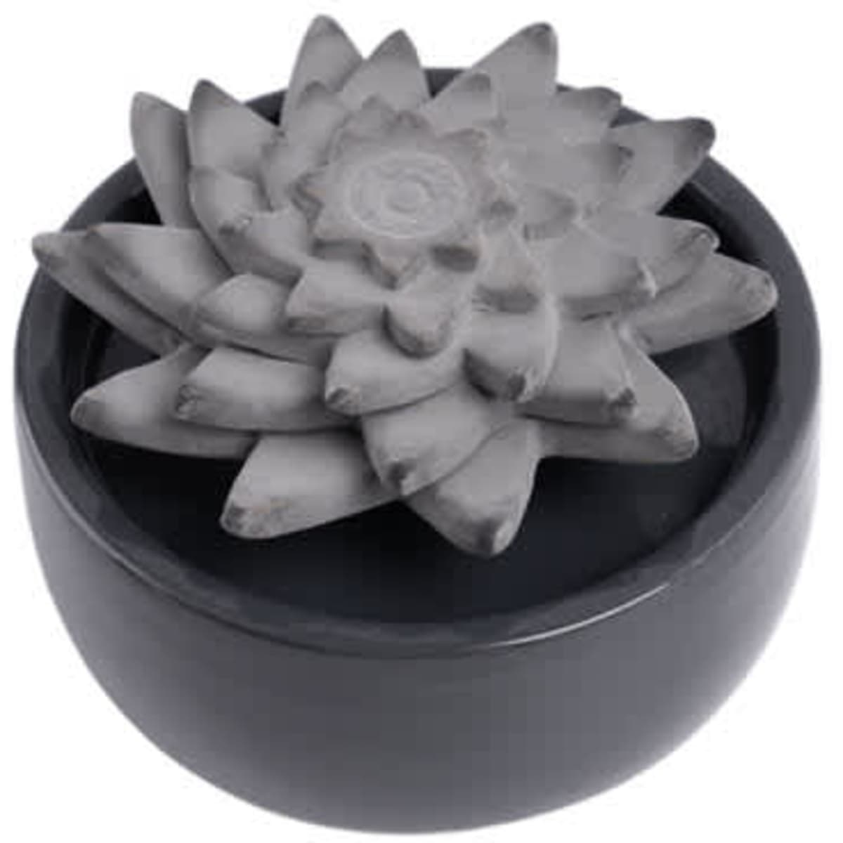A ceramic flower essential oil diffuser in grey with a textured floral design atop a circular base.