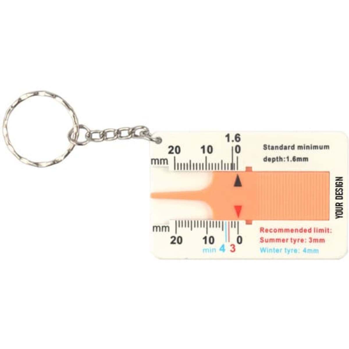 A keychain tire depth measuring ruler featuring a white and orange design, with measurement markings and a small metal ring.