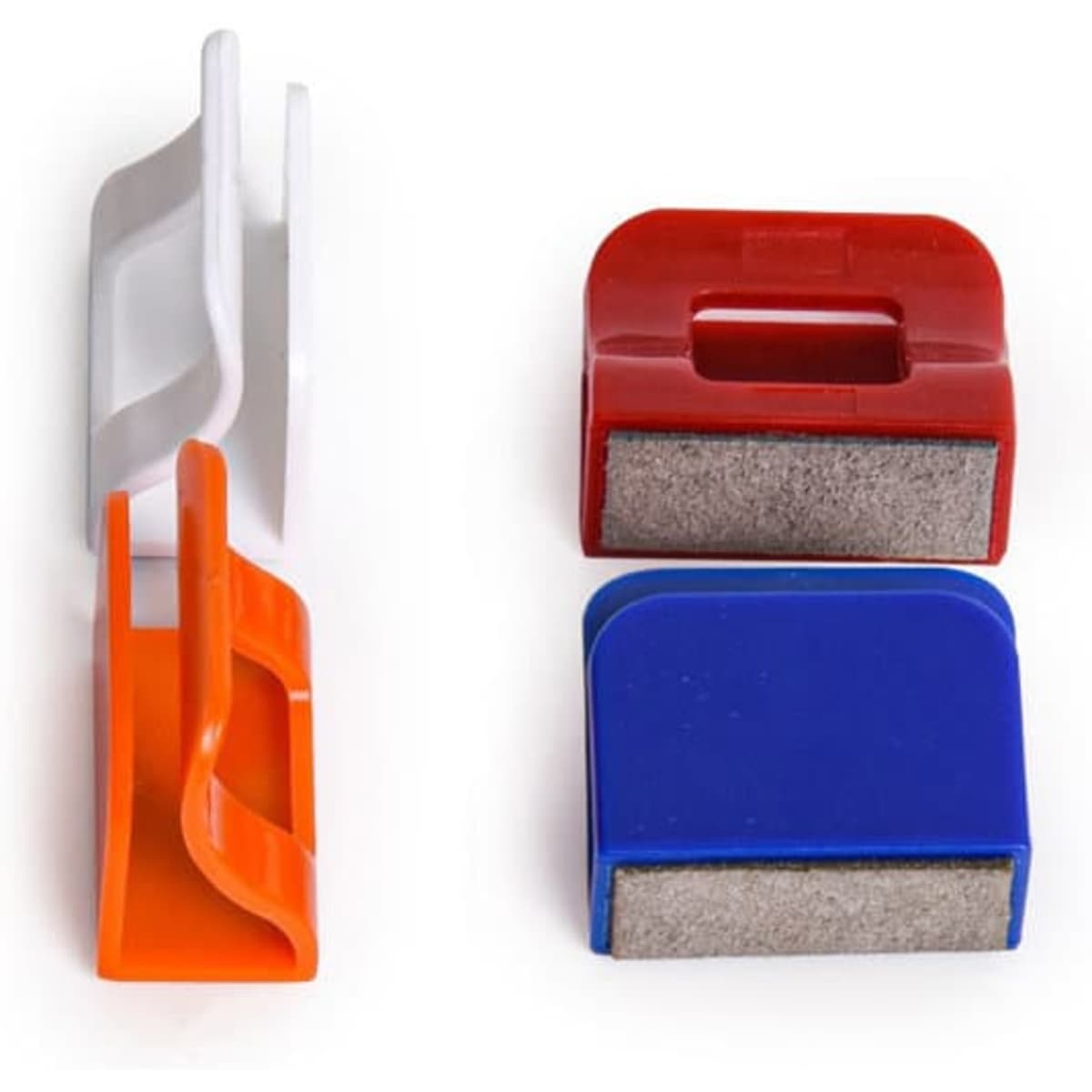 A set of four webcam covers in red, blue, orange, and white, featuring a logo on the surface.