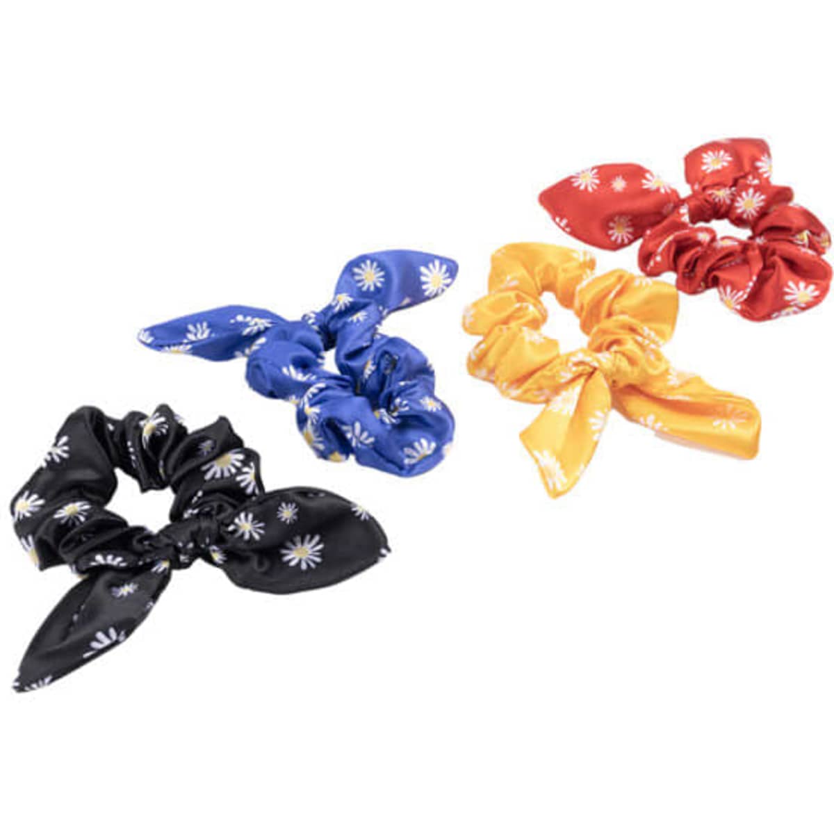 Four satin bow hair scrunchies in black, blue, red, and yellow, each adorned with a floral pattern.