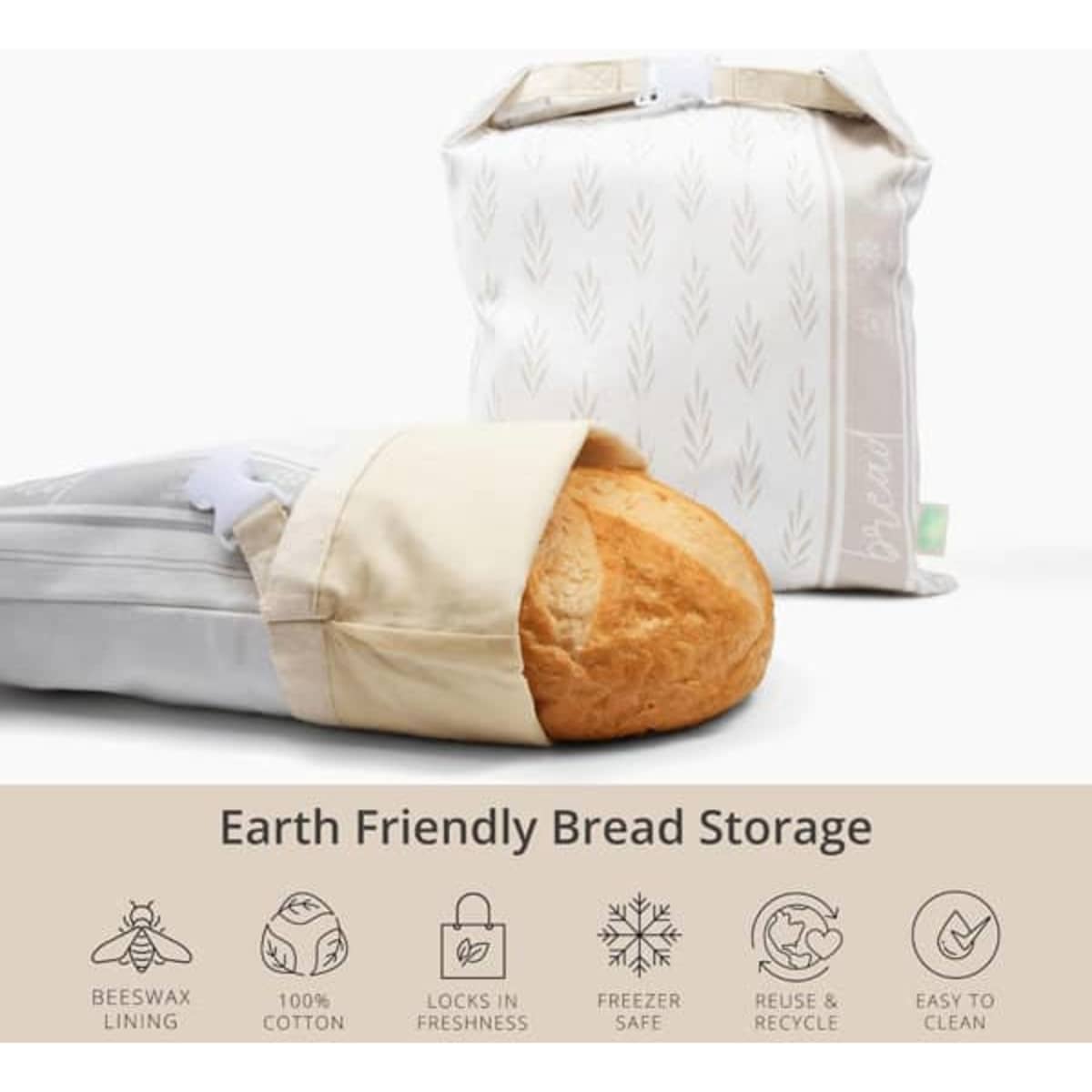 A set of earth-friendly bread storage bags, featuring a beige and patterned design, showcasing a loaf of bread inside.