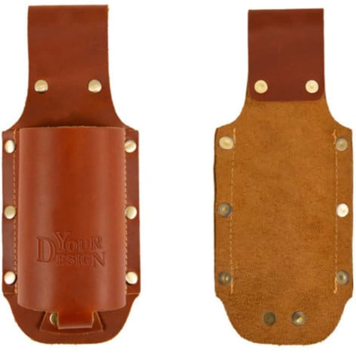 A drink bottle holder made from brown PU leather, featuring brass studs and a textured back. Includes a logo.