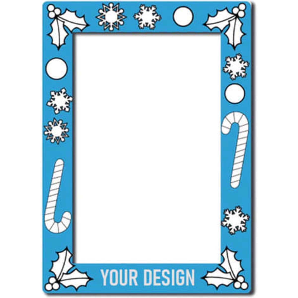 A blue personalised photo fridge magnet frame decorated with snowflakes, holly, candy canes, and circular designs.