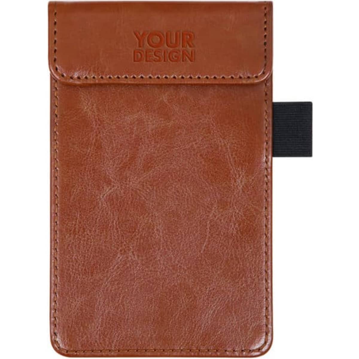 A brown PU leather magnetic folding clipboard with a textured surface and a black elastic strap. It features a logo.
