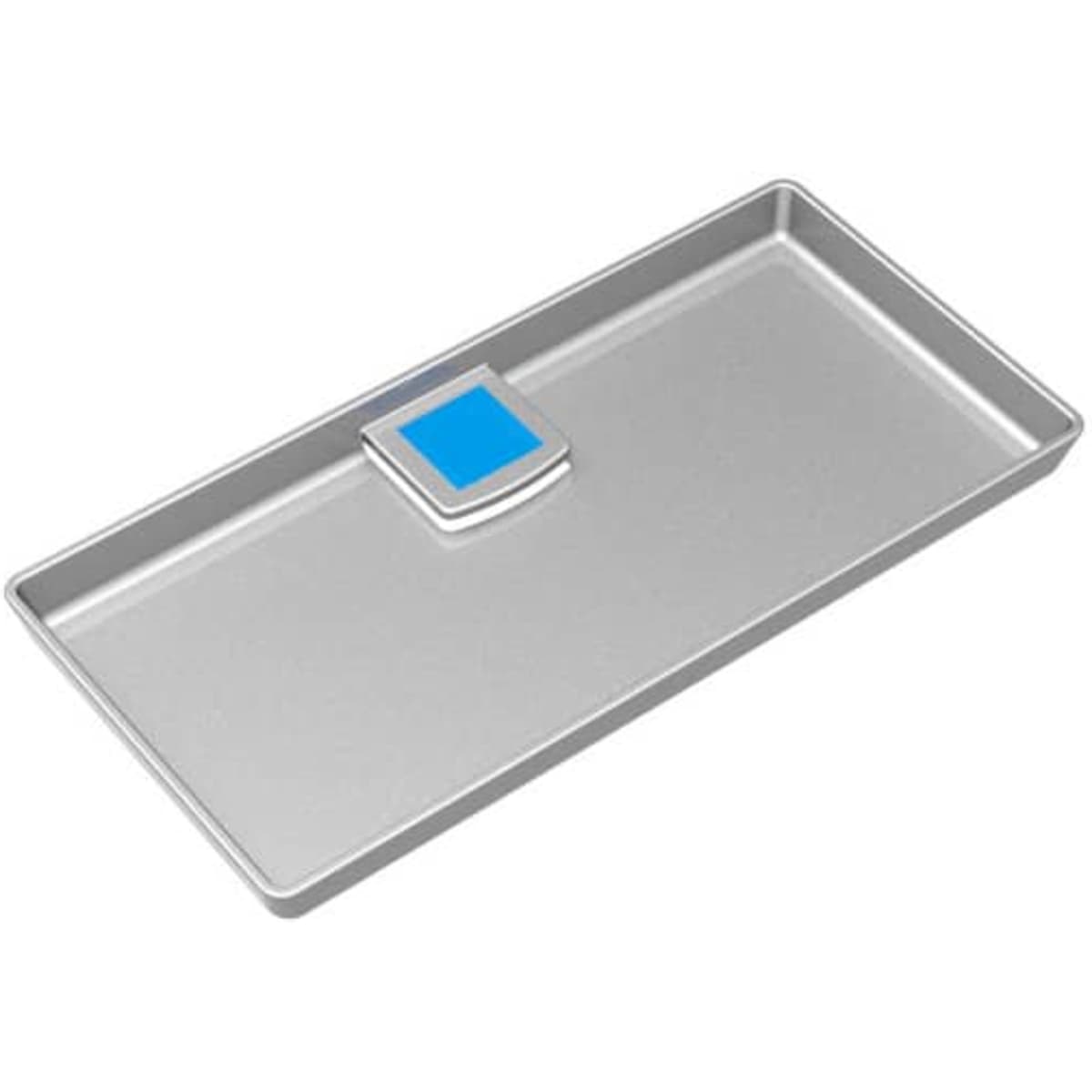 A silver check presenter and tip tray featuring a small blue section. Includes a logo.