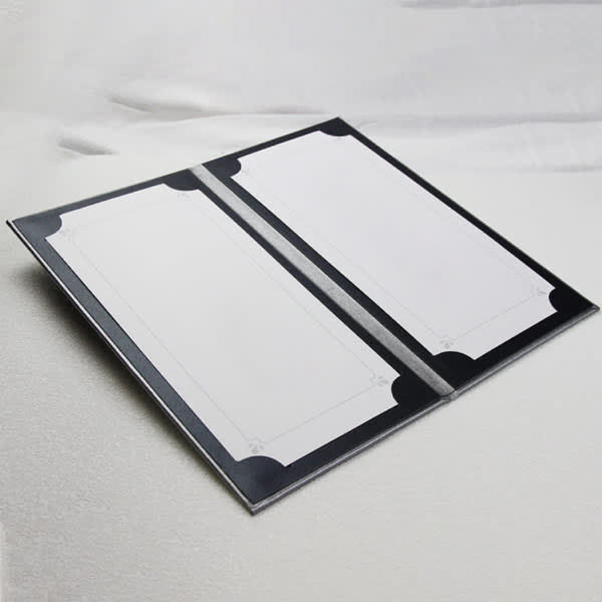 A black PU leather menu cover with blank white inserts, featuring decorative corners. It has a sleek, elegant design.
