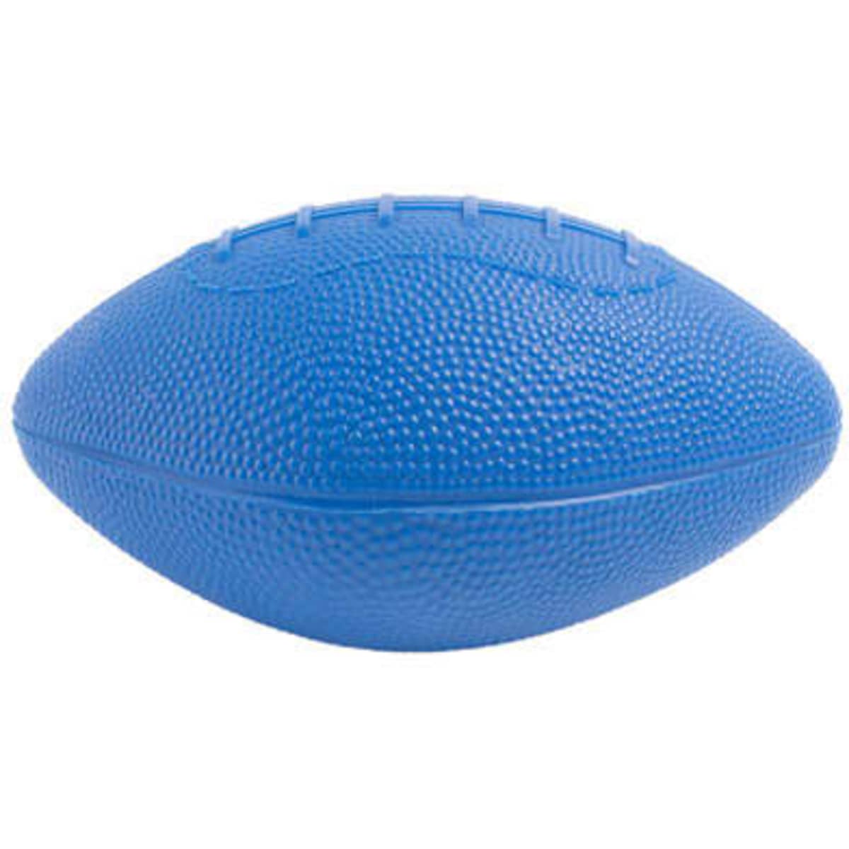 A blue rugby stress release squeeze toy with a textured surface for grip and a classic football shape.