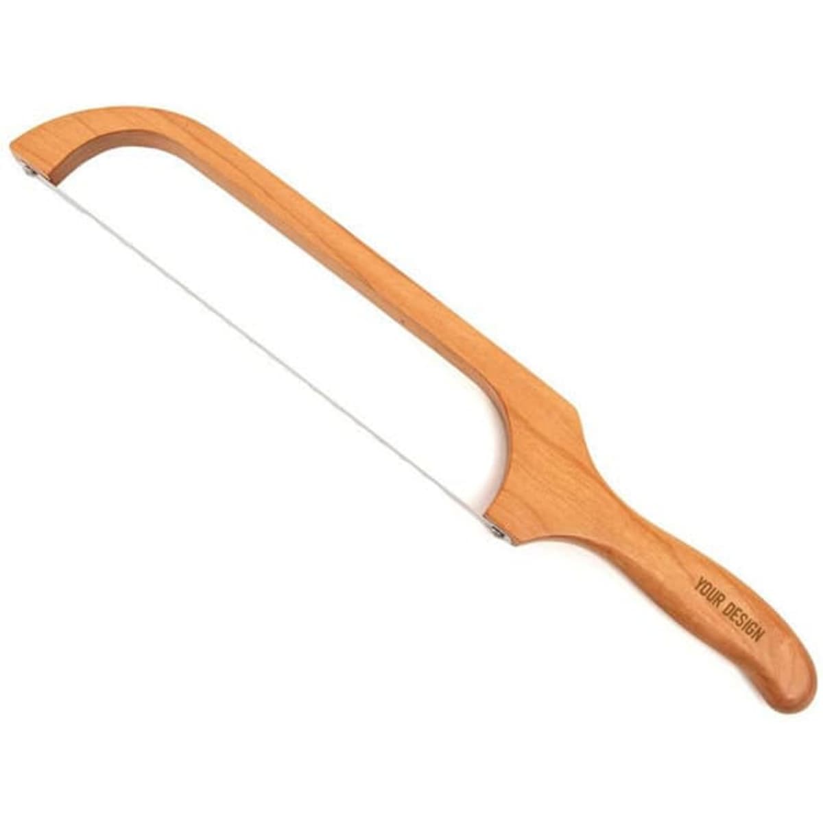 A serrated bread knife with a wooden handle and a stainless steel blade, featuring a simple logo on the handle.