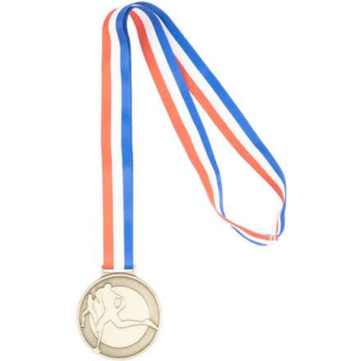 A custom zinc alloy medal featuring a running figure, suspended from a red, white, and blue ribbon.