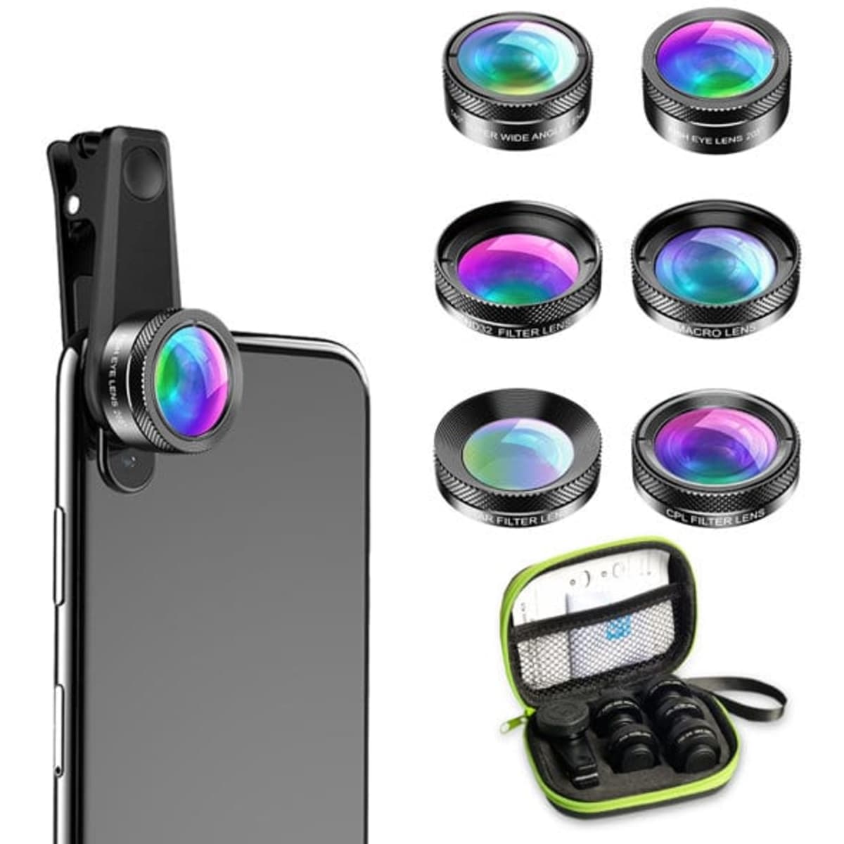 A clip-on lens set for smartphones featuring multiple lens types in silver and black, with a zippered carrying case.