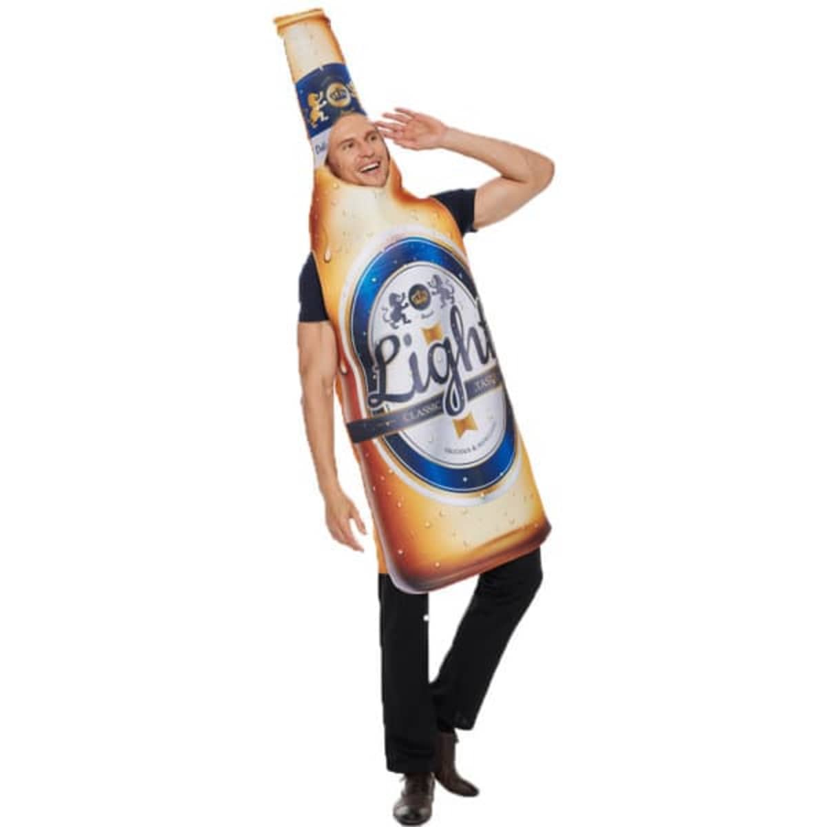 A drink bottle costume designed to resemble a light beer bottle, featuring shades of amber and blue with a logo.
