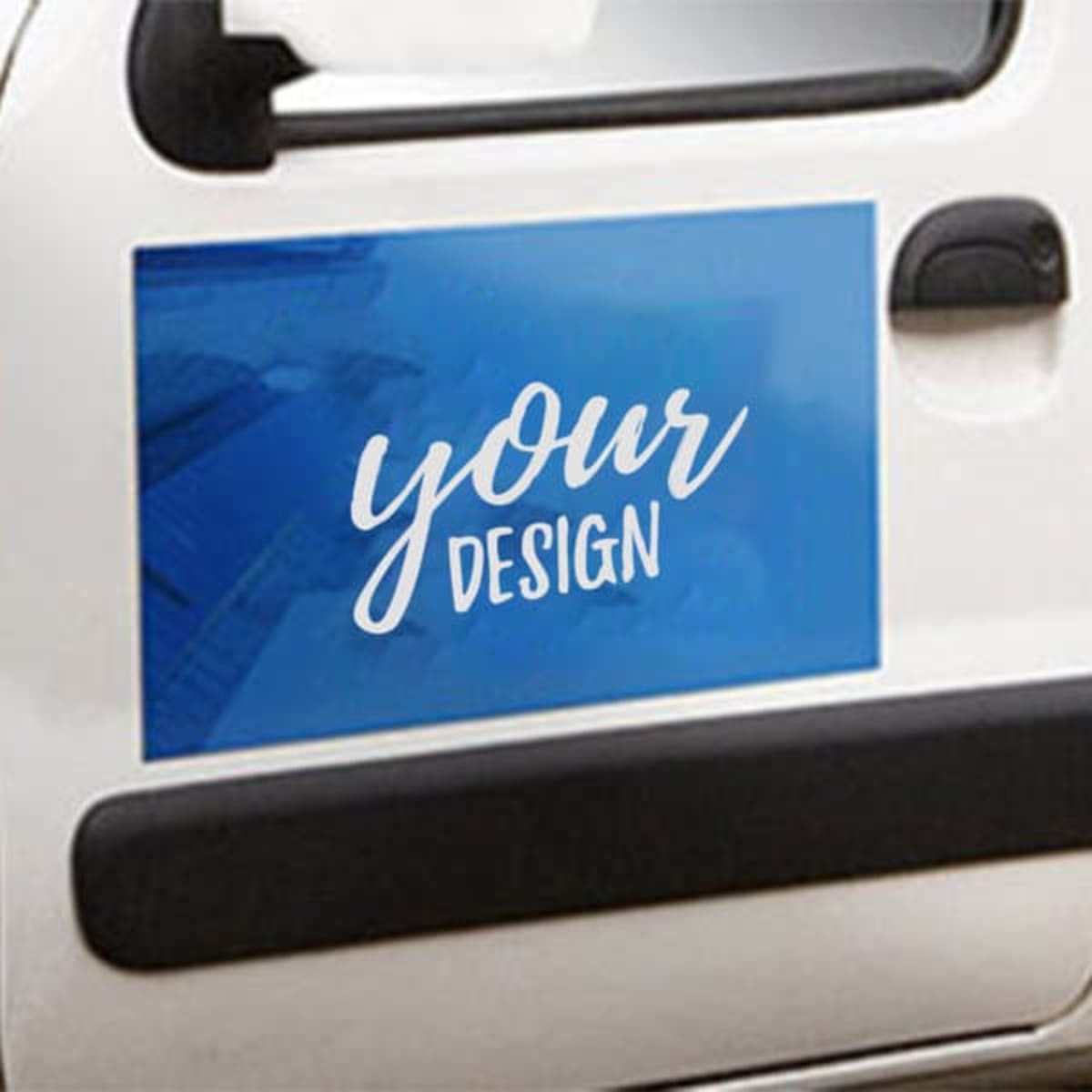 A blue car magnet featuring a placeholder for custom design, placed on the side of a white vehicle.