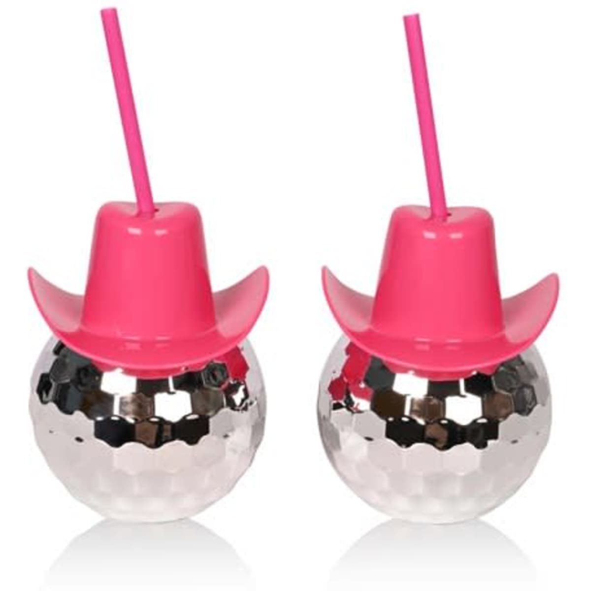 A drink bottle featuring a silver disco ball design with a pink cowboy hat lid and matching straws.