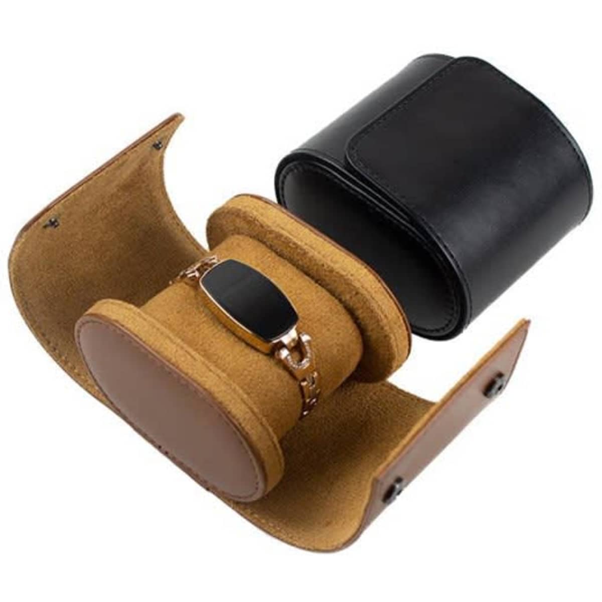 A black portable leather watch case opened, revealing a tan suede interior with a watch holder.