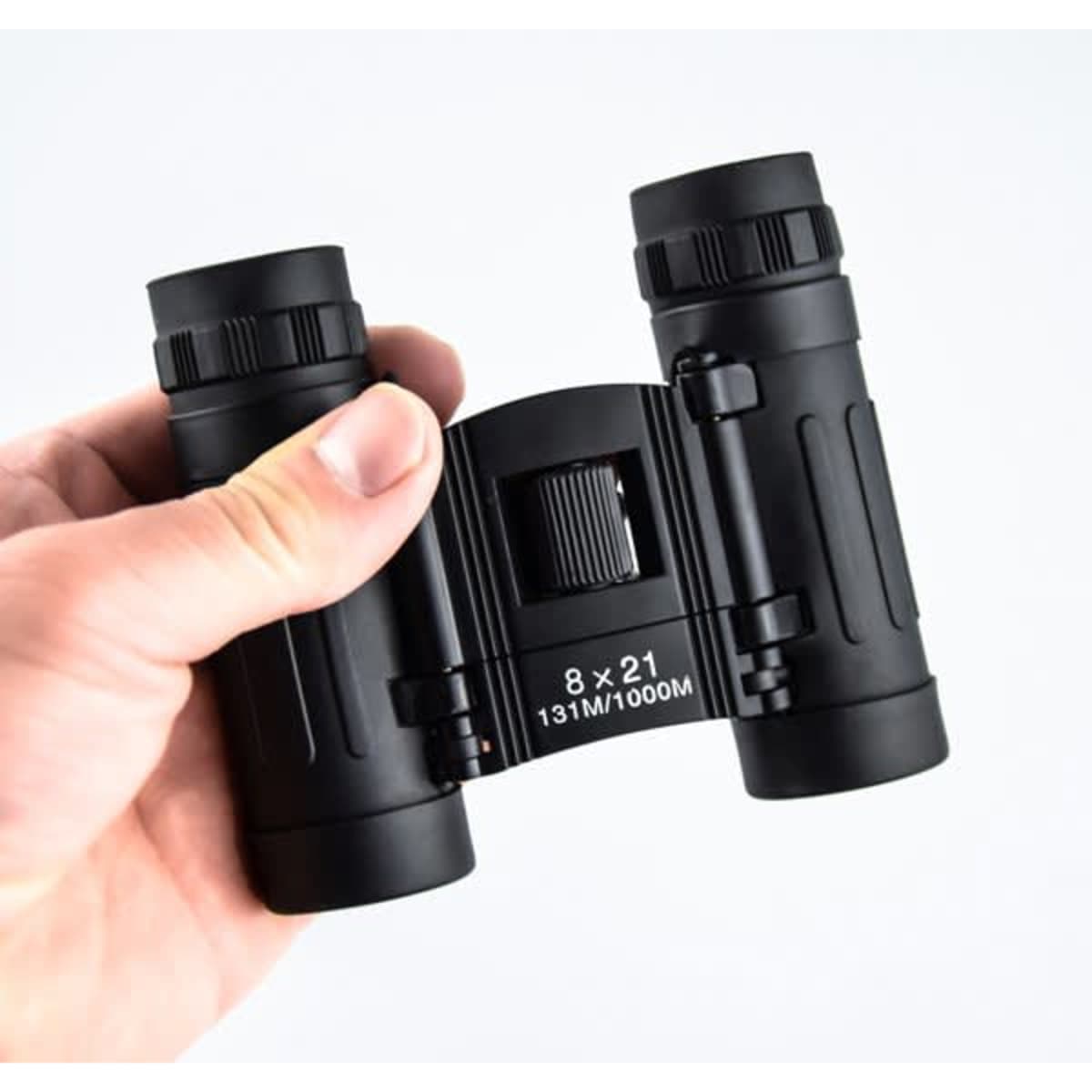 A pair of black promotional binoculars being held in a hand, featuring a logo on the side.