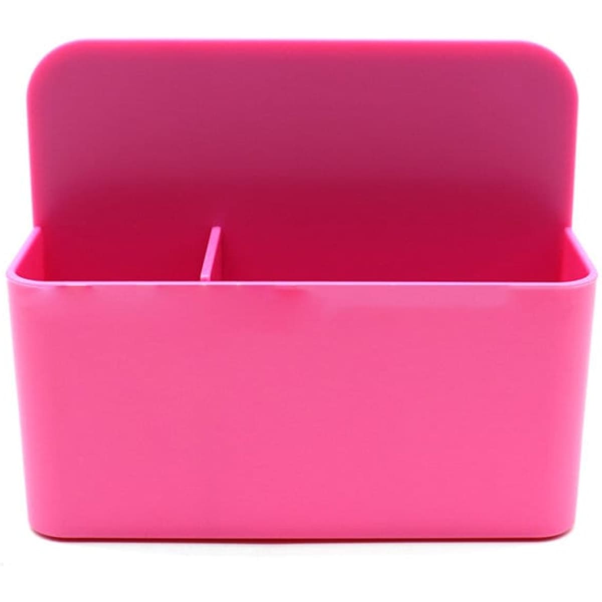 A pink plastic fridge magnet organiser with two compartments and a tall back for stability.